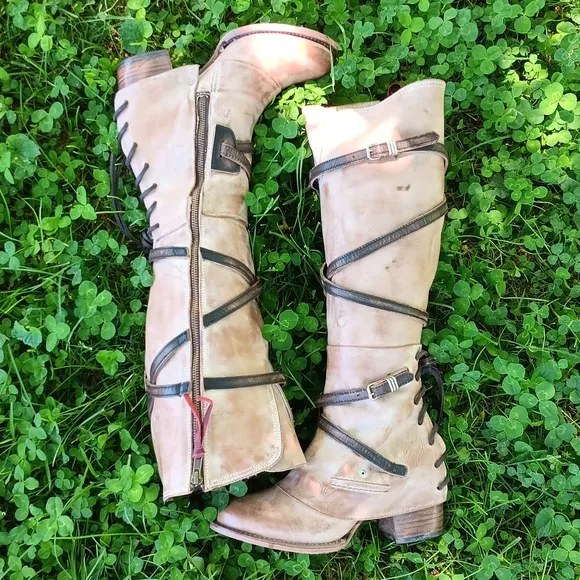 Freebird by Steven Cream and Brown Heeled Boots with Rustic Straps
