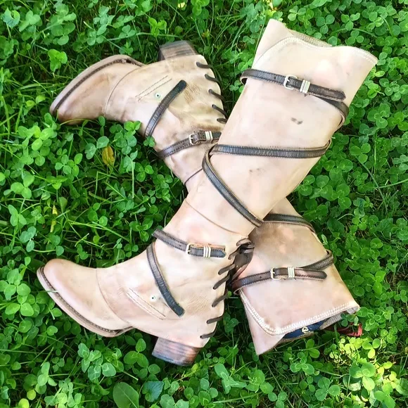 Freebird by Steven Cream and Brown Heeled Boots with Rustic Straps