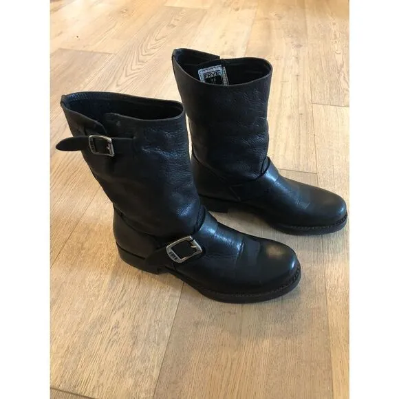 Frye Black Leather Moto Ankle Boots, Women’s 6