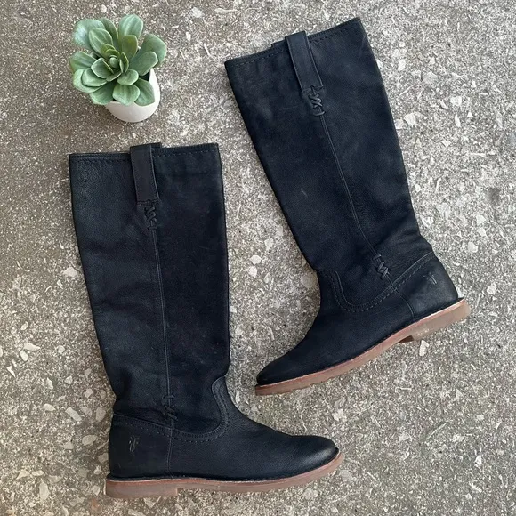 Frye | Celia X Stitch Pull On Tall Black Leather Riding Boots
