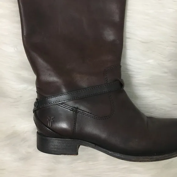 Frye Dark Brown Leather Lindsey Plate Tall Riding Boots