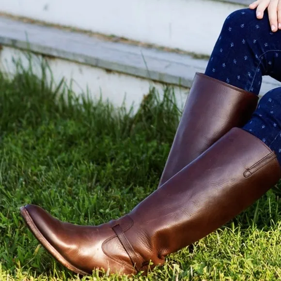 Frye Dark Brown Leather Lindsey Plate Tall Riding Boots
