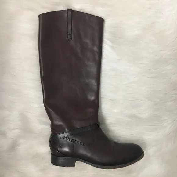 Frye Dark Brown Leather Lindsey Plate Tall Riding Boots