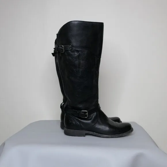 Frye Dorado Women’s Black Leather Tall Riding Boots Sz 6.5 Knee High EUC