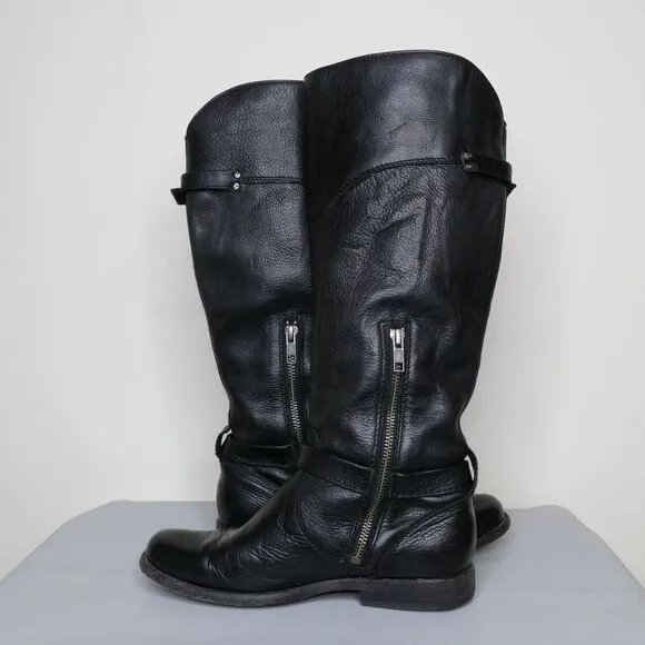Frye Dorado Women’s Black Leather Tall Riding Boots Sz 6.5 Knee High EUC