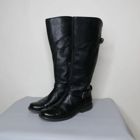 Frye Dorado Women’s Black Leather Tall Riding Boots Sz 6.5 Knee High EUC