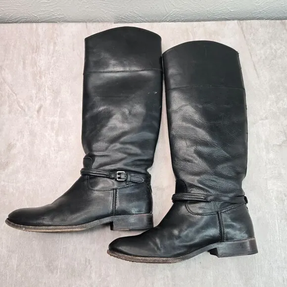 Frye Equestrian Boots Sz 6.5 Black Leather Knee High Tall Western Riding Harness
