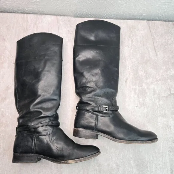 Frye Equestrian Boots Sz 6.5 Black Leather Knee High Tall Western Riding Harness