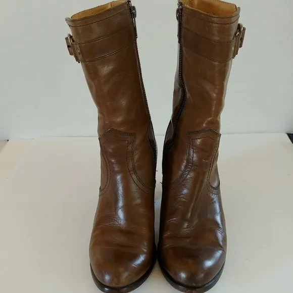 Frye Fiona Stitch Leather Midcalf Boots Buckle Design SZ 7B