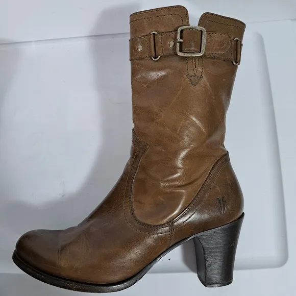 Frye Fiona Stitch Leather Midcalf Boots Buckle Design SZ 7B