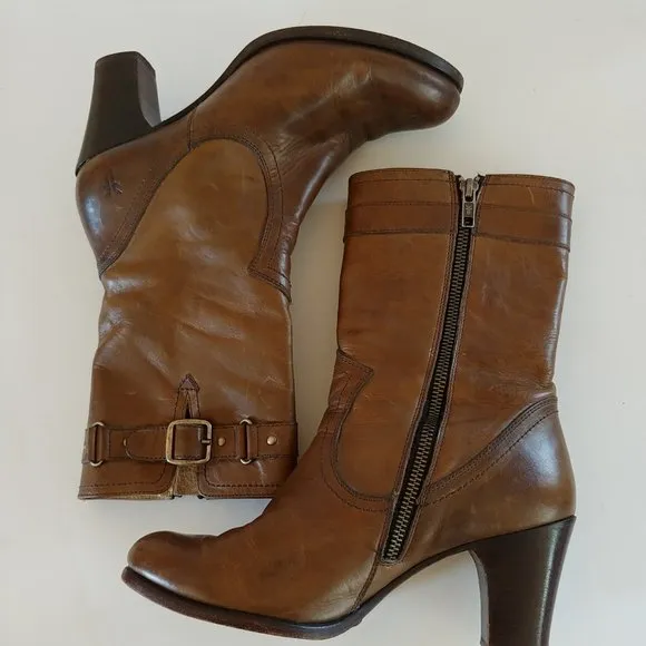 Frye Fiona Stitch Leather Midcalf Boots Buckle Design SZ 7B