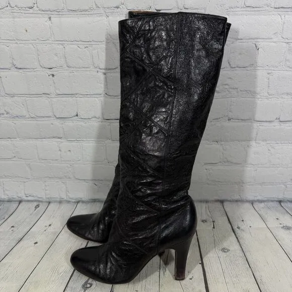 Frye Knee High Boots Women Size 9 Black Snakesking Leather Pull On Ava Tall Shoe
