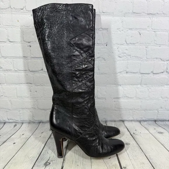 Frye Knee High Boots Women Size 9 Black Snakesking Leather Pull On Ava Tall Shoe