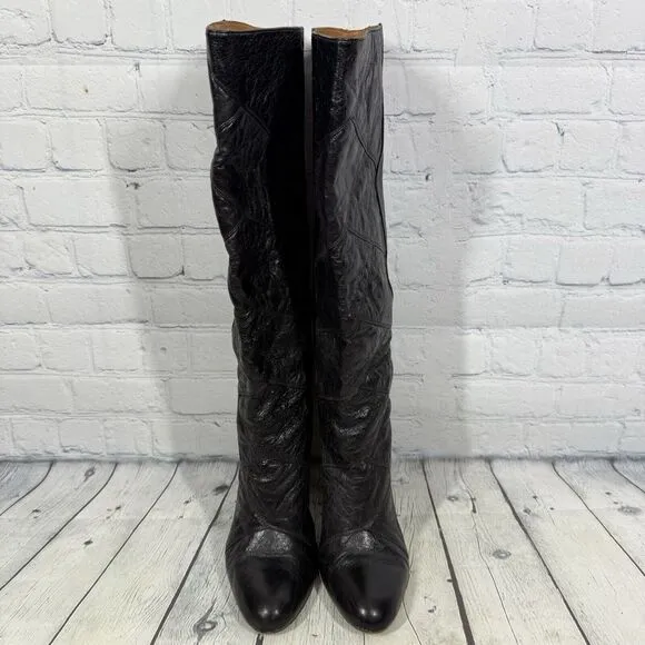 Frye Knee High Boots Women Size 9 Black Snakesking Leather Pull On Ava Tall Shoe
