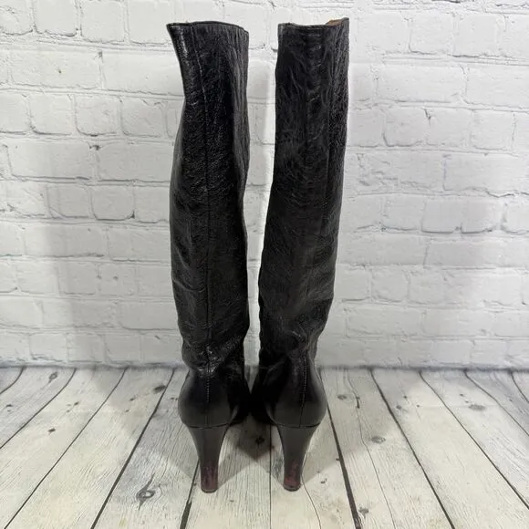 Frye Knee High Boots Women Size 9 Black Snakesking Leather Pull On Ava Tall Shoe