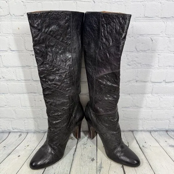 Frye Knee High Boots Women Size 9 Black Snakesking Leather Pull On Ava Tall Shoe