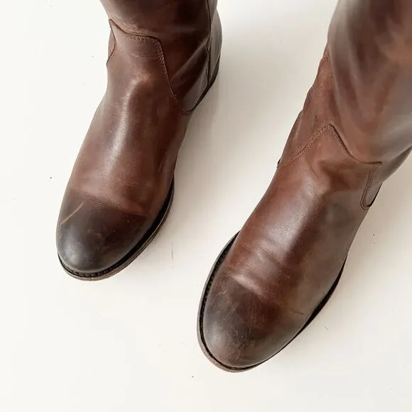 Frye Knee High Distressed Leather Boots Equestrian Riding Moto Biker Brown 5.5