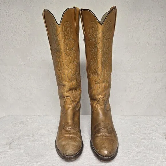 Frye Leather Cowgirl Brown Almond Boots Women 8 Vintage Western Embroidery Waves