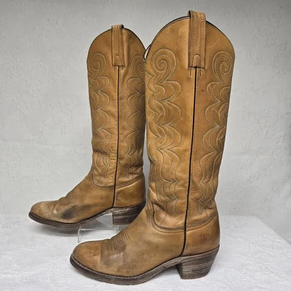 Frye Leather Cowgirl Brown Almond Boots Women 8 Vintage Western Embroidery Waves