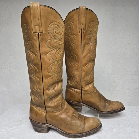 Frye Leather Cowgirl Brown Almond Boots Women 8 Vintage Western Embroidery Waves