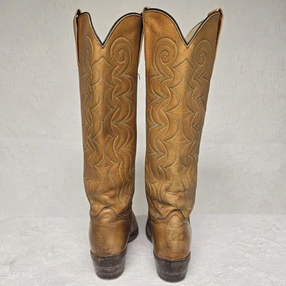 Frye Leather Cowgirl Brown Almond Boots Women 8 Vintage Western Embroidery Waves