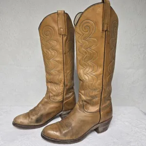 Frye Leather Cowgirl Brown Almond Boots Women 8 Vintage Western Embroidery Waves