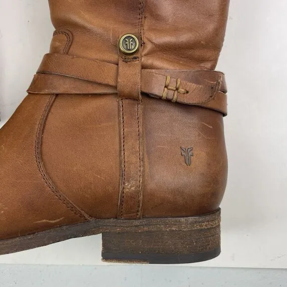 FRYE Melissa Belted Tall Cognac Leather Equestrian Zip Riding Boots Size 8.5 B