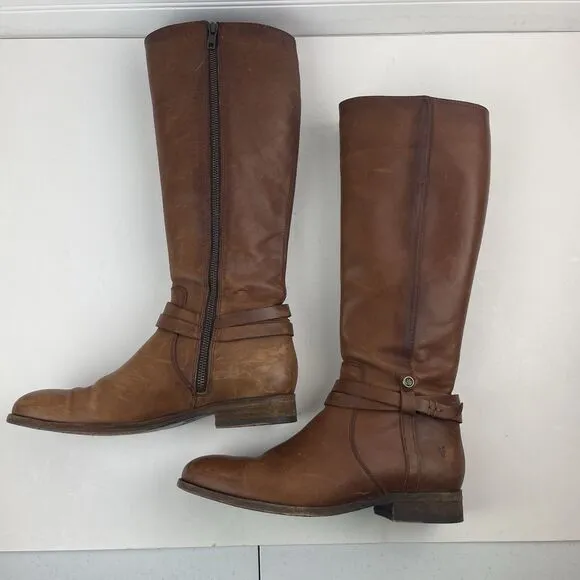 FRYE Melissa Belted Tall Cognac Leather Equestrian Zip Riding Boots Size 8.5 B
