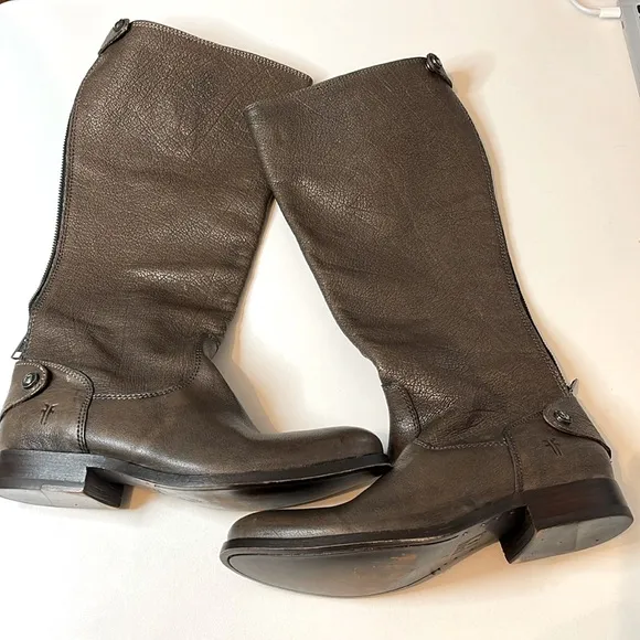 FRYE Melissa Button Back Zip Size 6 1/2 B Knee High Brown Leather Rider Boots