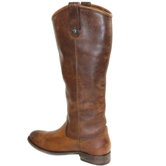 Frye Melissa Button Lug Tall Equestrian Distressed Brown Leather Boot Si…