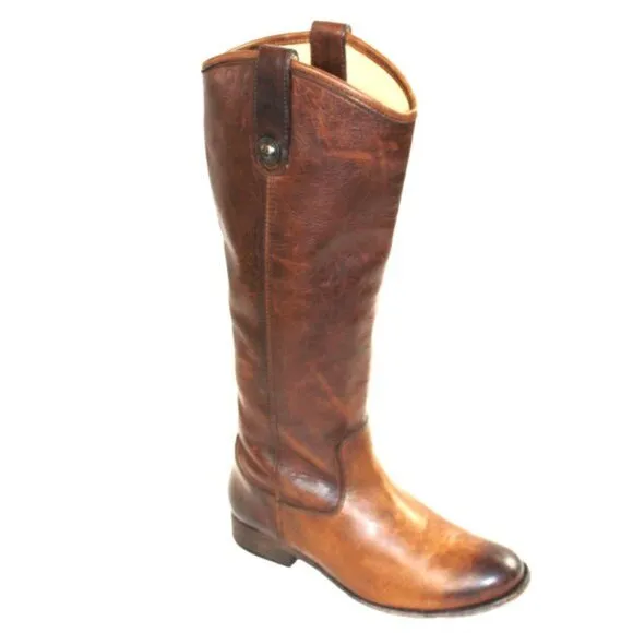 Frye Melissa Button Lug Tall Equestrian Distressed Brown Leather Boot Si…