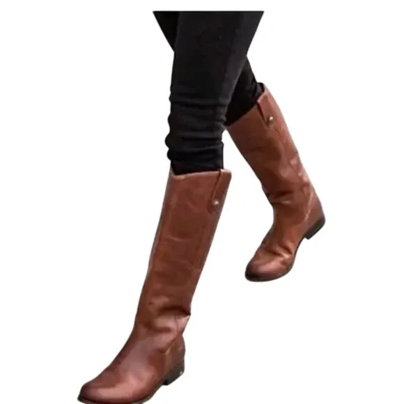 Frye Melissa Button Lug Tall Equestrian Distressed Brown Leather Boot Si…