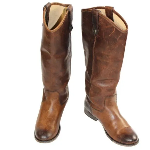Frye Melissa Button Lug Tall Equestrian Distressed Brown Leather Boot Si…