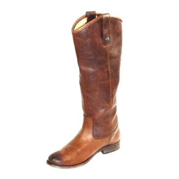 Frye Melissa Button Lug Tall Equestrian Distressed Brown Leather Boot Si…