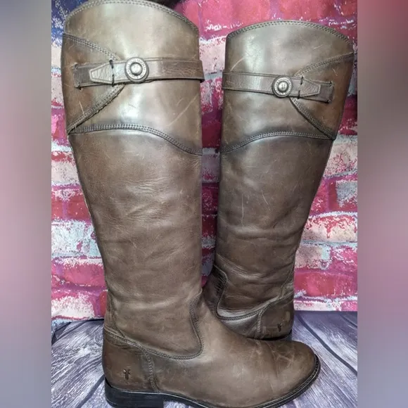 FRYE Molly Button Tall Knee Distressed Brown Smoke LeatherRidingBoots Womens 8.5
