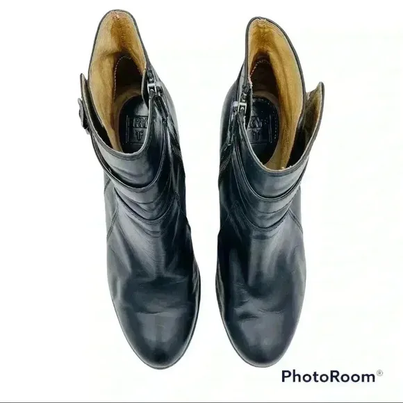 Frye Patty Black Leather Riding Heeled Boots
