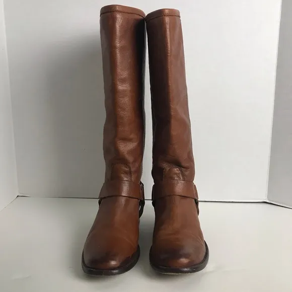 Frye Phillip Harness Tall Cognac Leather Zip Up Boots Womens Sz 7 Equestrian