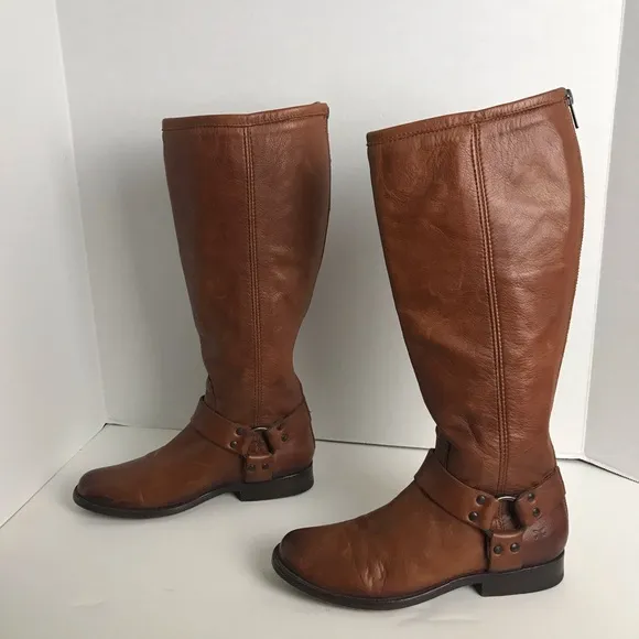 Frye Phillip Harness Tall Cognac Leather Zip Up Boots Womens Sz 7 Equestrian