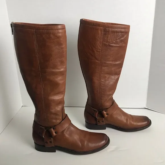 Frye Phillip Harness Tall Cognac Leather Zip Up Boots Womens Sz 7 Equestrian