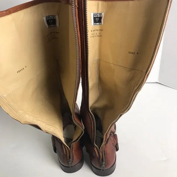 Frye Phillip Harness Tall Cognac Leather Zip Up Boots Womens Sz 7 Equestrian