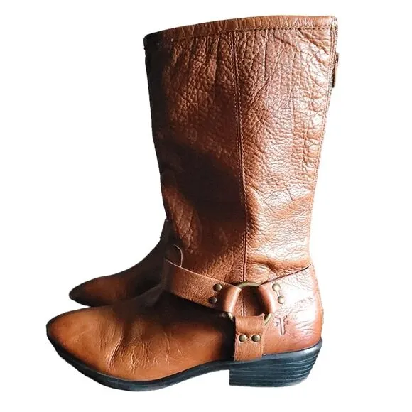 Frye Phillips Harness Tall Boots Back Zipper Whiskey Boots womens 6-6.5