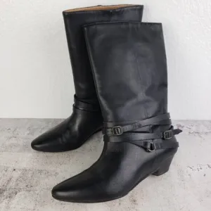 FRYE Sunny Black Leather Midcalf Boots size 6M Pull-on Harness Western Goth Boho