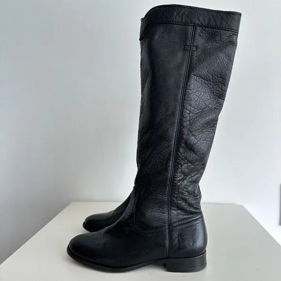 FRYE Tall Riding Boots Womens 8.5 Pebbled Leather Black Cara Roper Pull On