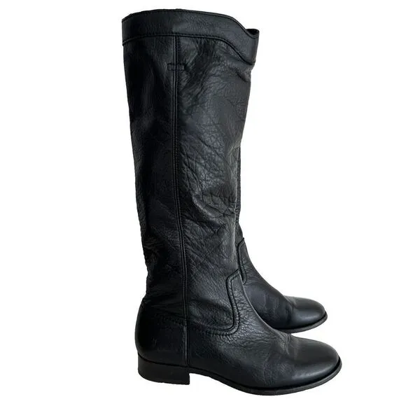 FRYE Tall Riding Boots Womens 8.5 Pebbled Leather Black Cara Roper Pull On