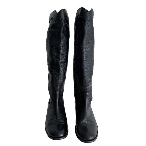 FRYE Tall Riding Boots Womens 8.5 Pebbled Leather Black Cara Roper Pull On