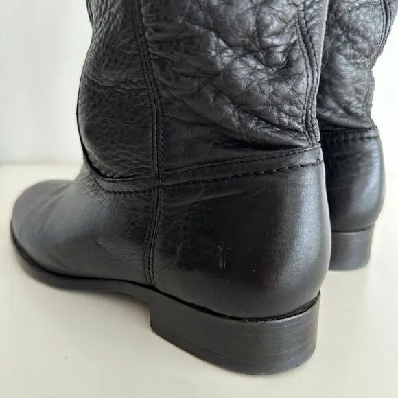 FRYE Tall Riding Boots Womens 8.5 Pebbled Leather Black Cara Roper Pull On