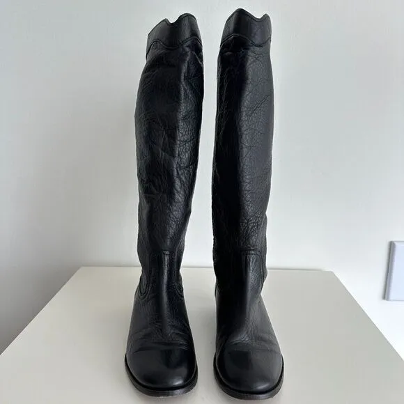 FRYE Tall Riding Boots Womens 8.5 Pebbled Leather Black Cara Roper Pull On