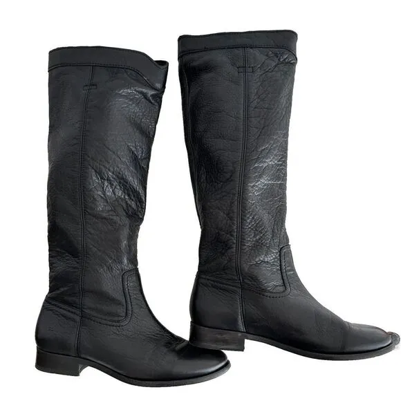 FRYE Tall Riding Boots Womens 8.5 Pebbled Leather Black Cara Roper Pull On
