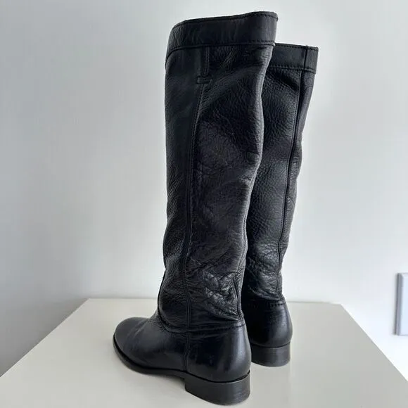 FRYE Tall Riding Boots Womens 8.5 Pebbled Leather Black Cara Roper Pull On