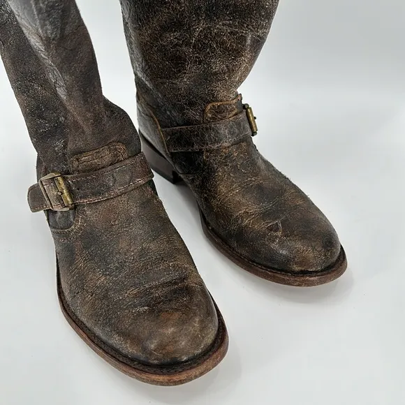 Frye Veronica Slouch Black/brown distressed Leather Boots size 6.5